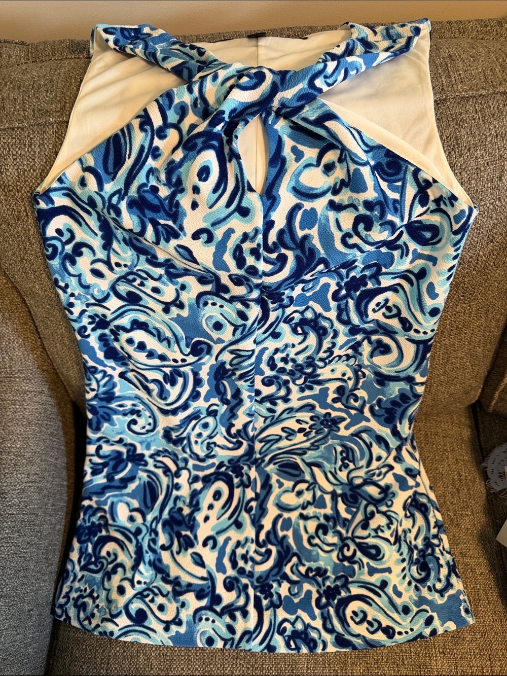 Kensie Stretch Halter Dress Keyhole Twisted Neckline Cobalt Blue/White Size 8